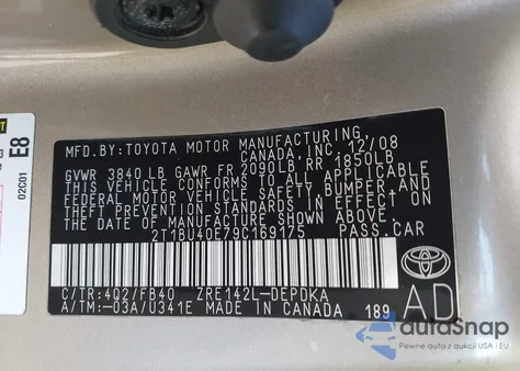 2009 Toyota Corolla Le z USA, uszkodzony, nr VIN 2T1BU40E79C169175